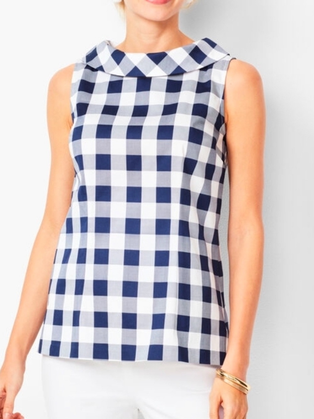 TALBOTS AUDREY NECK SHELL BLUE WHITE GINGHAM SLEEVELESS COTTON TOP SZ 16
